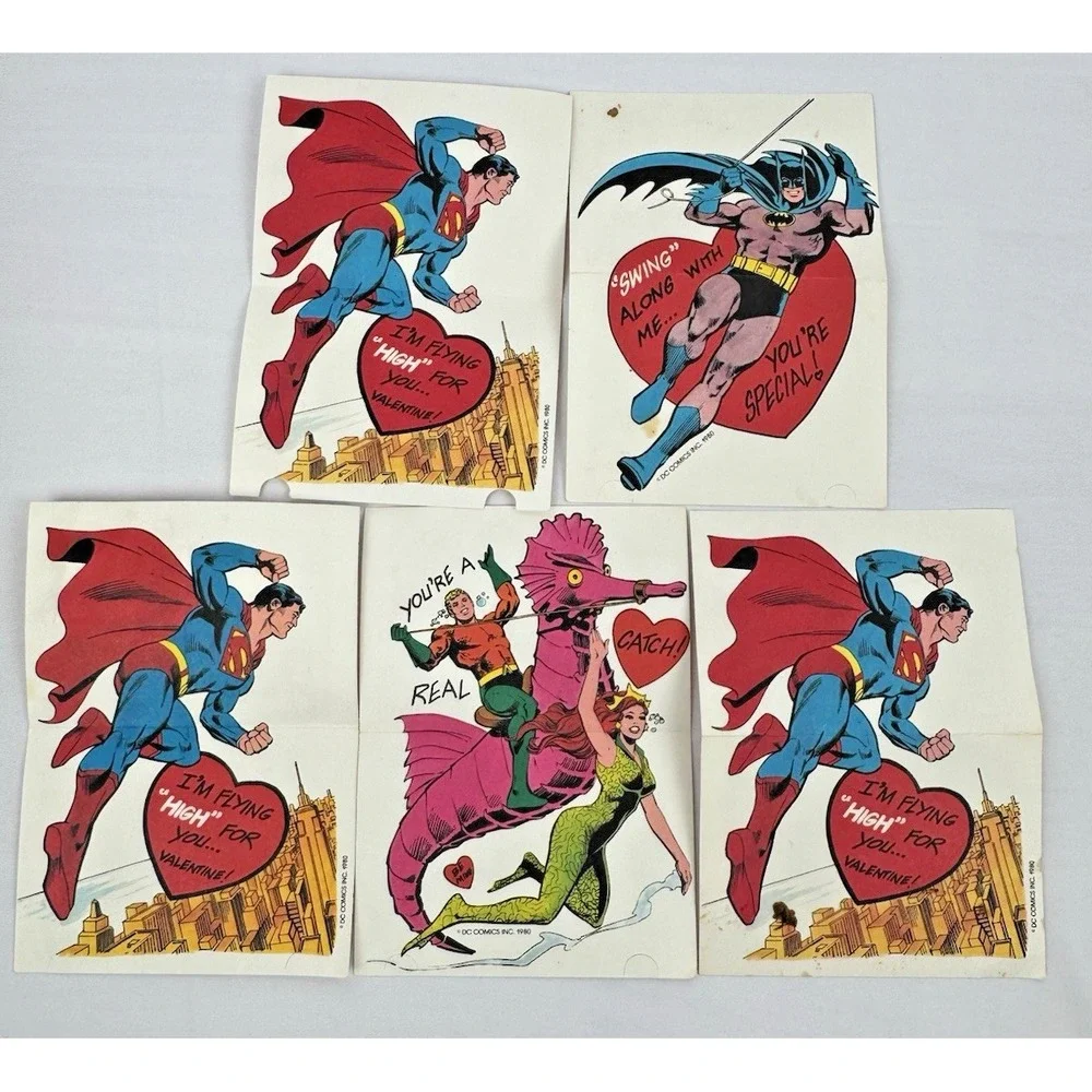 VTG 80's DC Comics Valentine's Day Cards (5) AQUAMAN Batman Superman‎ Unused